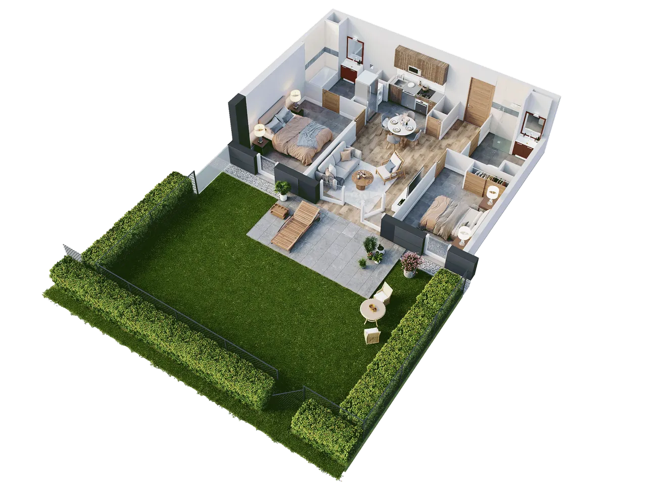 3D-Visualisierung: möblierter 3D-Grundriss einer Wohnung mit Garten