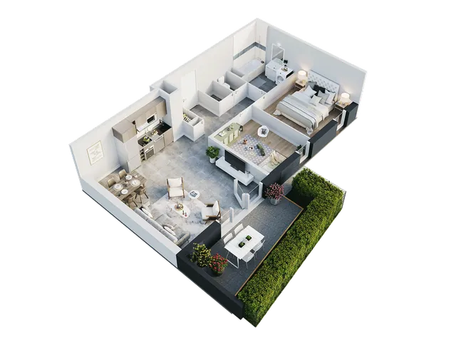 3D-Visualisierung: möblierter 3D-Grundriss einer Wohnung mit Terrasse