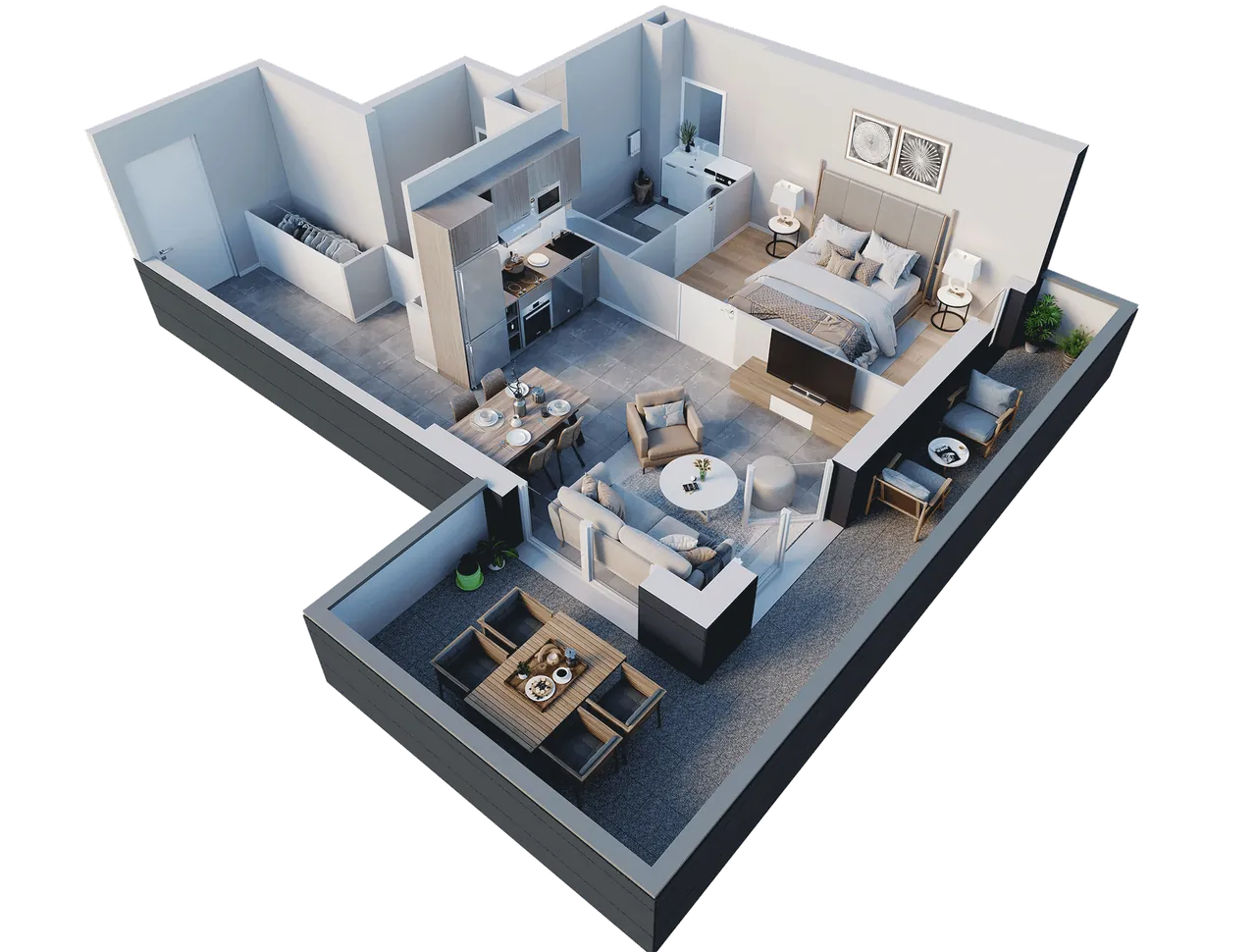 3D-Visualisierung: möblierter 3D-Grundriss einer Wohnung mit Balkon