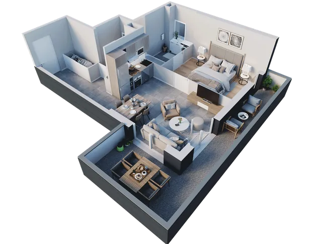 3D-Visualisierung: möblierter 3D-Grundriss einer Wohnung mit Balkon