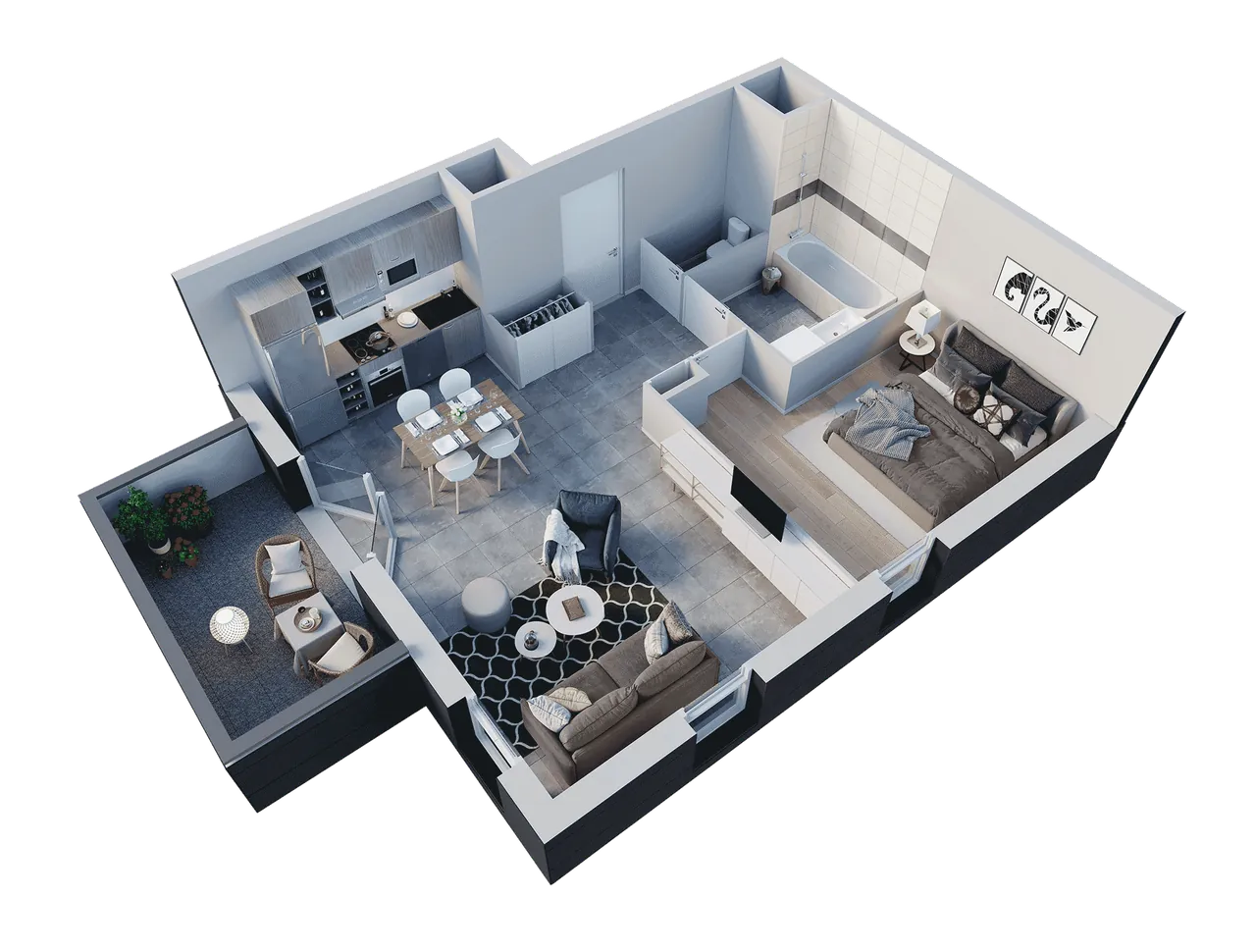 3D-Visualisierung: möblierter 3D-Grundriss einer Wohnung mit offenem Wohn- und Essbereich