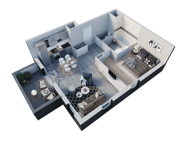 3D-Visualisierung: möblierter 3D-Grundriss einer Wohnung mit offenem Wohnbereich