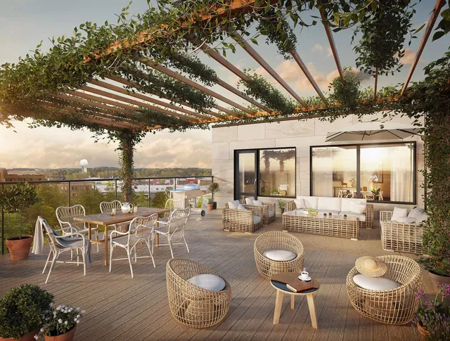 3D-Visualisierung: Dachterrasse mit Pergola und Lounge-Möbeln