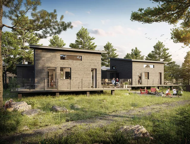 3D-Visualisierung: Ferienhäuser aus Holz auf einer Wiese