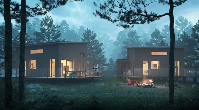 3D-Visualisierung: Ferienhäuser im Wald in der Abendstimmung