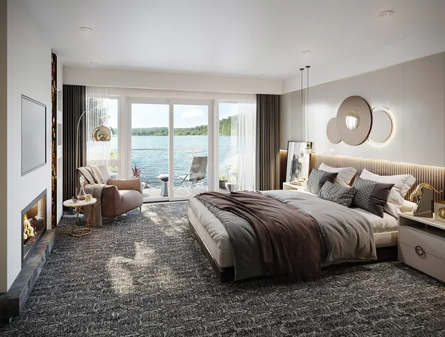 3D-Visualisierung: Schlafzimmer mit großer Fensterfront