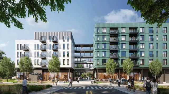 3D-Visualisierung: Wohnquartier mit mehreren Gebäuden und Straßenraum
